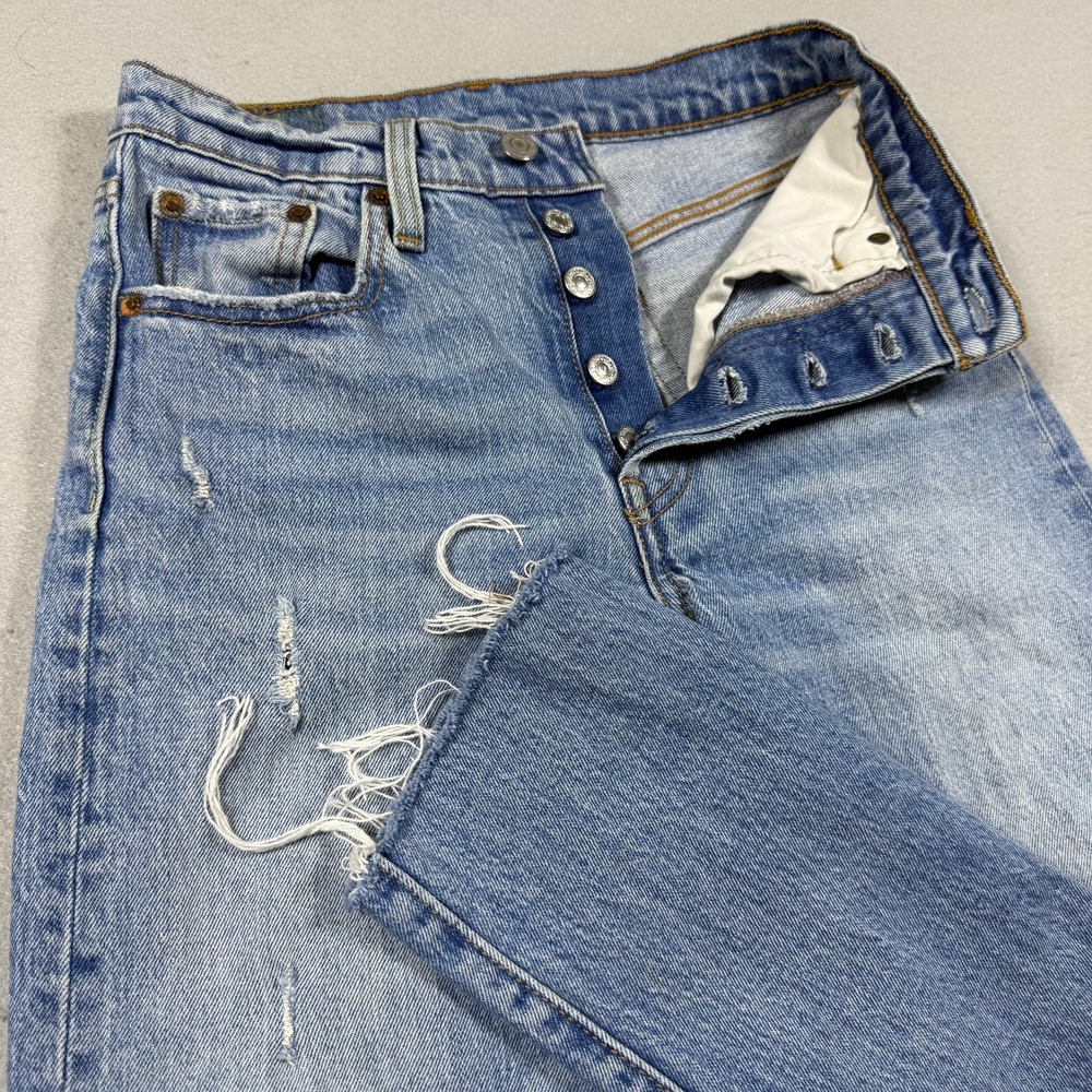 Levis High‎ Waisted Straight Leg Light Wash Distressed Raw Hem Jeans Blue 25